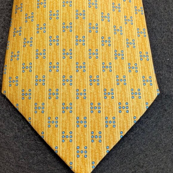 100% REAL HERMES TIE ~ YELLOW w FUN LIGHT BLUE MODERN H CIRCLE DOTS MOSAIC XL - Picture 2 of 5